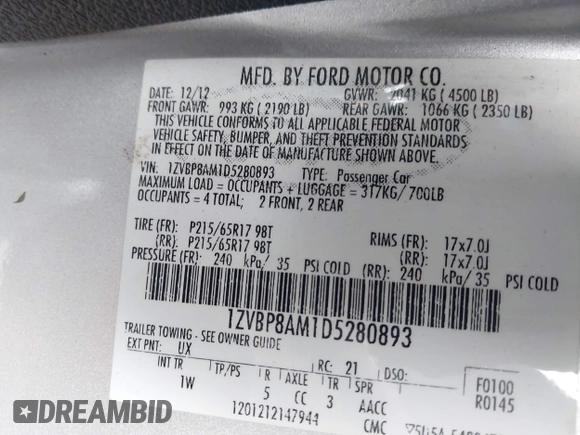 2013 Ford Mustang V6 with VIN 1ZVBP8AM1D5280893, listed as a IAAI auction lot 41951527 with 43,623 mi miles. Bid and sale history available at carsss.com. Image 9.