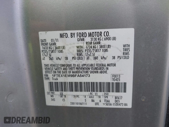 2011 Ford F-150 XL with VIN 1FTEX1EM9BFA54173, listed as a IAAI auction lot 42009894 with 149,710 mi miles. Bid and sale history available at carsss.com. Image 9.