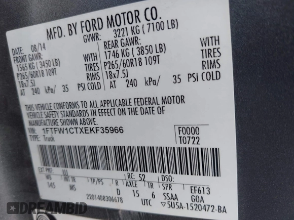 2014 Ford F-150 XL with VIN 1FTFW1CTXEKF35966, listed as a IAAI auction lot 42120360 with 140,174 mi miles and . Bid and sale history available at DreamBid. Image 9.