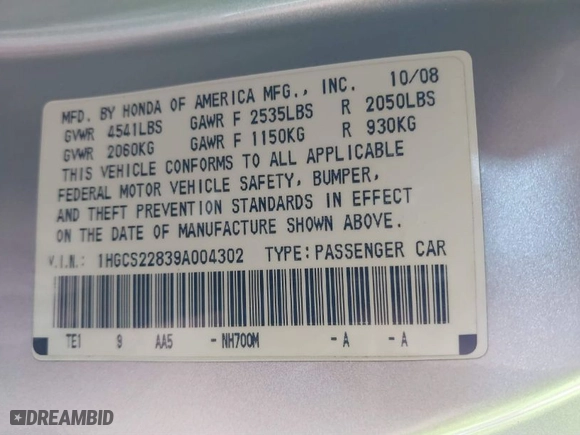 2009 Honda Accord Cpe EX-L with VIN 1HGCS22839A004302, listed as a IAAI auction lot 40580241 with 175,878 mi miles. Bid and sale history available at carsss.com. Image 9.