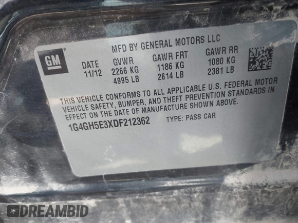 2013 Buick LaCrosse Premium 2 with VIN 1G4GH5E3XDF212362, listed as a IAAI auction lot 41836463 with 92,520 mi miles. Bid and sale history available at carsss.com. Image 9.