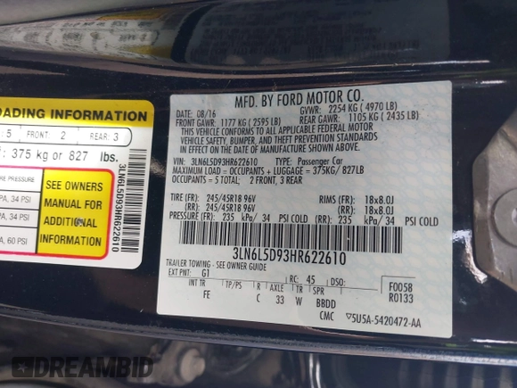 2017 Lincoln MKZ Select with VIN 3LN6L5D93HR622610, listed as a IAAI auction lot 42210216 with 67,941 mi miles and . Bid and sale history available at DreamBid. Image 9.