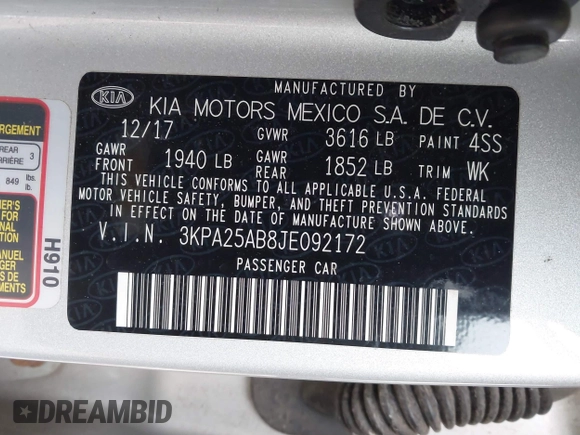 2018 Kia Rio LX with VIN 3KPA25AB8JE092172, listed as a IAAI auction lot 41865113 with 103,043 mi miles and . Bid and sale history available at DreamBid. Image 9.