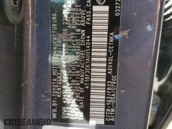 2010 Toyota Camry with VIN 4T1BF3EK1AU054044, listed as a Copart auction lot 54878685 with 167,452 mi miles and Salvage Title. Bid and sale history available at DreamBid. Image 12.