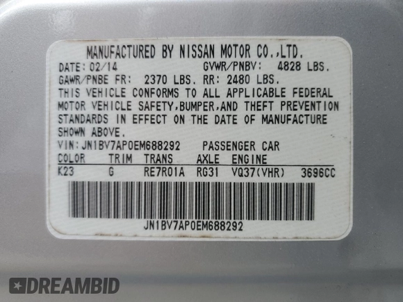 2014 Infiniti Q50 with VIN JN1BV7AP0EM688292, listed as a Copart auction lot 44427385 with 174,233 mi miles and Salvage title. Bid and sale history available at DreamBid. Image 12.