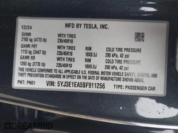 2025 Tesla Model 3 Long Range with VIN 5YJ3E1EA5SF911256, listed as a IAAI auction lot 41509976 with 1,806 mi miles. Bid and sale history available at carsss.com. Image 9.