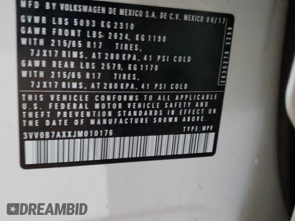 2018 Volkswagen Tiguan S z VIN 3VV0B7AXXJM010176, wystawiony jako Copart lot #51100185 z przebiegiem 84 032 mil mil oraz Szkoda całkowita • Salvage title. Historia ofert i sprzedaży dostępna na DreamBid. Obrazek 13.