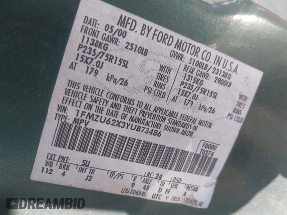 2000 Ford Explorer XLS z VIN 1FMZU62X3YUB73486, wystawiony jako IAAI lot #42542833 z przebiegiem 241 572 mil mil oraz . Historia ofert i sprzedaży dostępna na DreamBid. Obrazek 9.