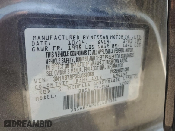 2014 Nissan Sentra SV with VIN 3N1AB7AP5EL689386, listed as a Copart auction lot 59663925 with 166,377 mi miles and Clean title. Bid and sale history available at DreamBid. Image 12.