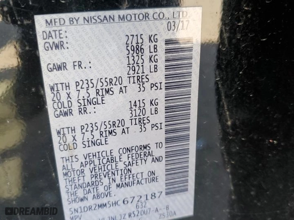 2017 Nissan Pathfinder S with VIN 5N1DR2MM5HC672187, listed as a Copart auction lot 54257755 with 114,928 mi miles and Clean Title. Bid and sale history available at carsss.com. Image 14.