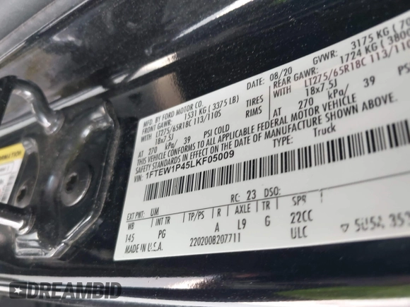 2020 Ford F-150 с VIN 1FTEW1P45LKF05009, выставлен на аукционе IAAI как лот 42396349 с пробегом 118 836 миль миль и . История ставок и продаж доступна на DreamBid. Изображение 9.