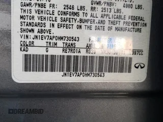 2017 Infiniti Q50 Premium with VIN JN1EV7AP0HM730543, listed as a Copart auction lot 59337725 with 73,230 mi miles and Salvage title. Bid and sale history available at DreamBid. Image 12.