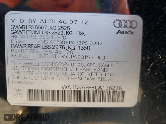2012 Audi Q5 3.2L Premium Plus with VIN WA1DKAFP8CA136276, listed as a Copart auction lot 52168905 with 142,393 mi miles and Salvage Title. Bid and sale history available at carsss.com. Image 13.