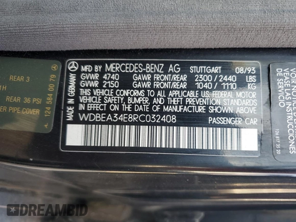 1994 Mercedes-Benz 400 E z VIN WDBEA34E8RC032408, wystawiony jako Copart lot #43827975 z przebiegiem 122 130 mil mil oraz Czysty tytuł • Clean title. Historia ofert i sprzedaży dostępna na DreamBid. Obrazek 12.