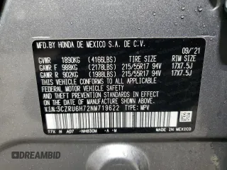 2022 Honda HR-V EX-L with VIN 3CZRU6H72NM719622, listed as a Copart auction lot 86603854 with 37,368 mi miles and Salvage Title. Bid and sale history available at carsss.com. Image 15.