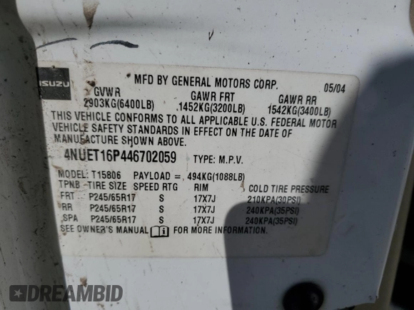 2004 Isuzu Ascender with VIN 4NUET16P446702059, listed as a Copart auction lot 75397314 with Not provided miles and Salvage title. Bid and sale history available at DreamBid. Image 13.