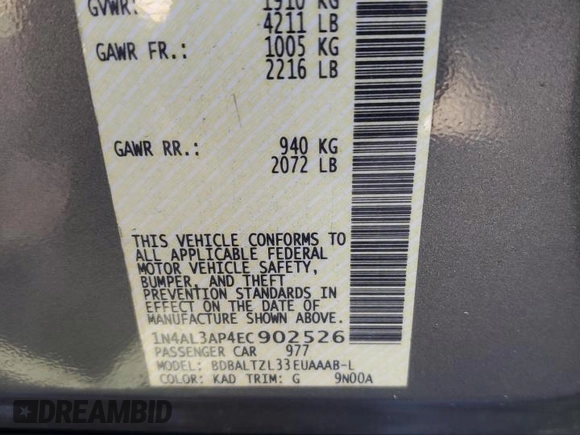 2014 Nissan Altima 2.5 S with VIN 1N4AL3AP4EC902526, listed as a Copart auction lot 45453055 with 121,559 mi miles and Non Repairable. Bid and sale history available at carsss.com. Image 12.