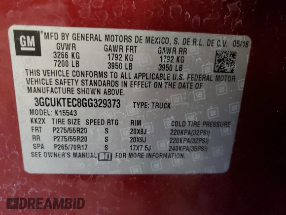 2016 Chevrolet Silverado 1500 High Country with VIN 3GCUKTEC8GG329373, listed as a Copart auction lot 43365855 with 110,562 mi miles and Salvage Title. Bid and sale history available at DreamBid. Image 15.