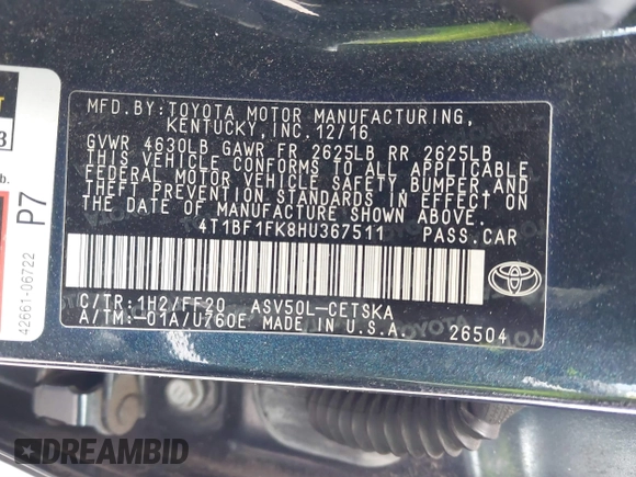 2017 Toyota Camry XLE with VIN 4T1BF1FK8HU367511, listed as a IAAI auction lot 41798565 with 97,757 mi miles. Bid and sale history available at carsss.com. Image 9.