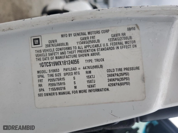 2001 GMC Sonoma SLS w/1SG Pkg with VIN 1GTCS19WX18124056, listed as a Copart auction lot 73120484 with 166,357 mi miles and Salvage Title. Bid and sale history available at carsss.com. Image 13.