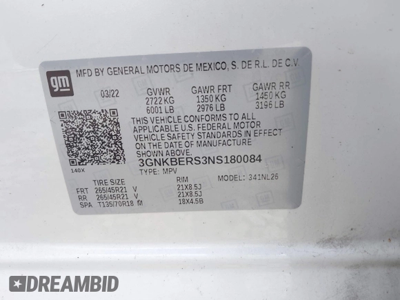 2022 Chevrolet Blazer RS with VIN 3GNKBERS3NS180084, listed as a IAAI auction lot 42370510 with Not provided miles and . Bid and sale history available at DreamBid. Image 9.