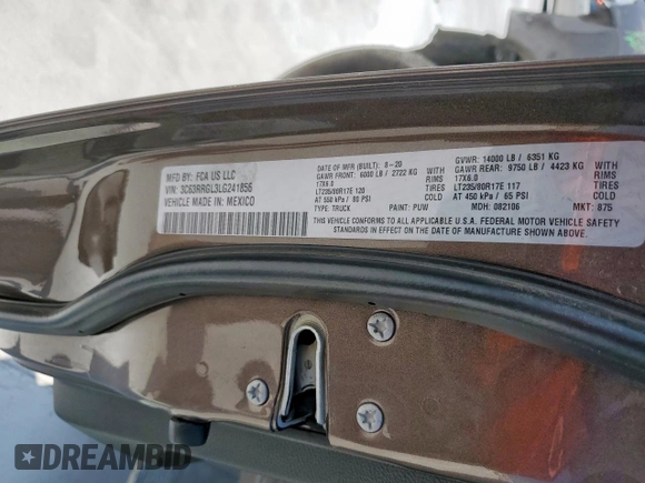 2020 Ram 3500 Tradesman z VIN 3C63RRGL3LG241856, wystawiony jako Copart lot #59517925 z przebiegiem 195 146 mil mil oraz Czysty tytuł • Clean title. Historia ofert i sprzedaży dostępna na DreamBid. Obrazek 15.