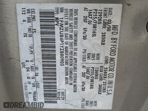 2000 Ford Explorer Eddie Bauer с VIN 1FMZU84P1YZB80903, выставлен на аукционе Copart как лот 73408524 с пробегом 133 362 миль миль и Списание • Salvage title. История ставок и продаж доступна на DreamBid. Изображение 15.