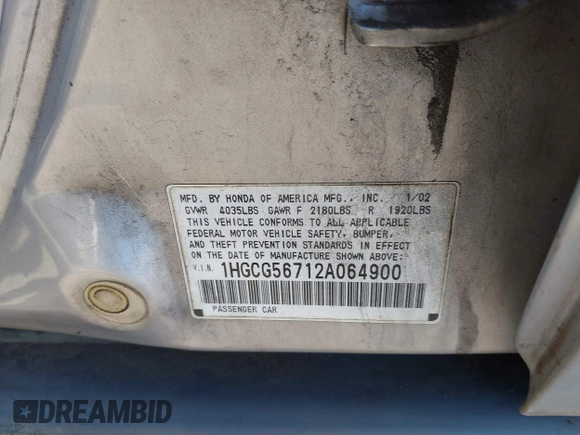 2002 Honda Accord SE with VIN 1HGCG56712A064900, listed as a IAAI auction lot 42184540 with Not provided miles and . Bid and sale history available at DreamBid. Image 9.