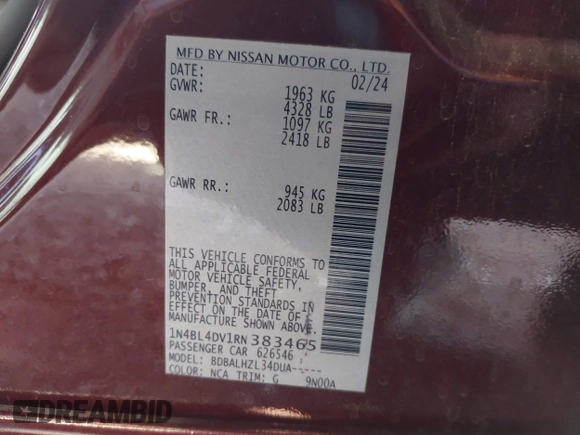 2024 Nissan Altima SV with VIN 1N4BL4DV1RN383465, listed as a IAAI auction lot 42720120 with 44,186 mi miles and . Bid and sale history available at DreamBid. Image 9.