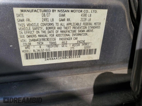 2008 Nissan Maxima 3.5 SE with VIN 1N4BA41E98C803316, listed as a Copart auction lot 75335324 with 82,782 mi miles and Salvage Title. Bid and sale history available at carsss.com. Image 12.