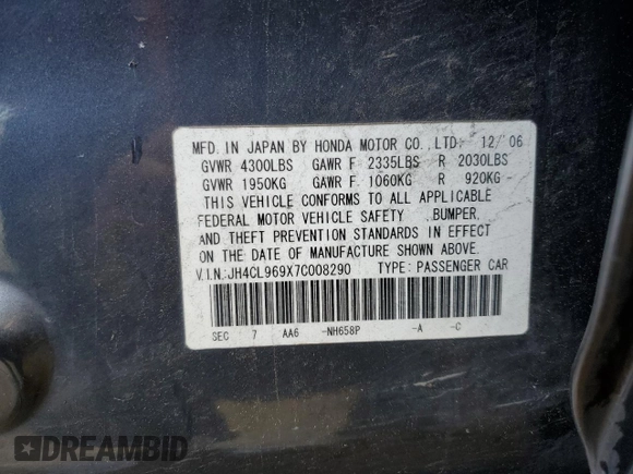2007 Acura TSX Navi with VIN JH4CL969X7C008290, listed as a Copart auction lot 49184415 with Not provided miles and Salvage title. Bid and sale history available at DreamBid. Image 12.
