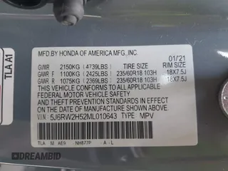 2021 Honda CR-V EX with VIN 5J6RW2H52ML010643, listed as a IAAI auction lot 42278271 with 94,525 mi miles and . Bid and sale history available at DreamBid. Image 9.