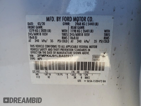 2020 Ford Edge SEL with VIN 2FMPK4J91LBA68917, listed as a Copart auction lot 47424595 with 40,096 mi miles and Salvage Title. Bid and sale history available at carsss.com. Image 16.