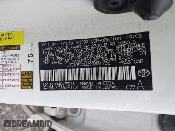 2009 Toyota Prius z VIN JTDKB20U897831736, wystawiony jako IAAI lot #42351310 z przebiegiem 355 571 mil mil oraz . Historia ofert i sprzedaży dostępna na DreamBid. Obrazek 9.