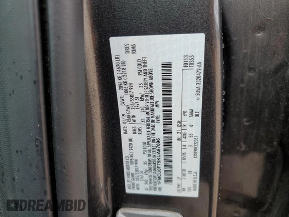 2019 Ford Escape S z VIN 1FMCU0F75KUA87696, wystawiony jako Copart lot #56312775 z przebiegiem 84 472 mil mil oraz Szkoda całkowita • Salvage title. Historia ofert i sprzedaży dostępna na DreamBid. Obrazek 13.