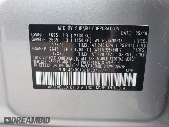 2019 Subaru Outback with VIN 4S4BSABC1K3372377, listed as a IAAI auction lot 42256614 with 42,822 mi miles and . Bid and sale history available at DreamBid. Image 9.