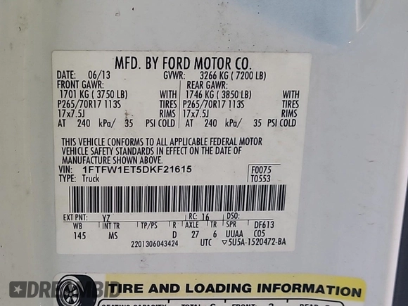 2013 Ford F-150 XL with VIN 1FTFW1ET5DKF21615, listed as a IAAI auction lot 42832458 with 196,851 mi miles and . Bid and sale history available at DreamBid. Image 7.