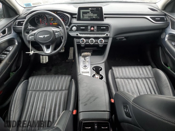 2021 Genesis G70 3.3T with VIN KMTG74LE8MU071729, listed as a Copart auction lot 43466165 with 18,760 mi miles and Salvage Title. Bid and sale history available at carsss.com. Image 8.