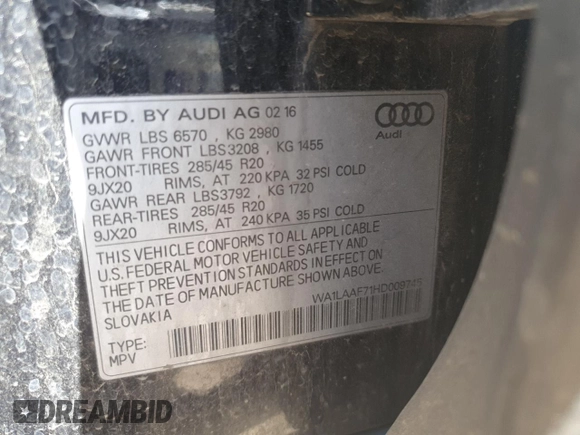 2017 Audi Q7 Premium Plus z VIN WA1LAAF71HD009745, wystawiony jako Copart lot #53754885 z przebiegiem 129 993 mil mil oraz Szkoda całkowita • Salvage title. Historia ofert i sprzedaży dostępna na DreamBid. Obrazek 13.
