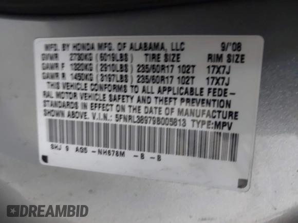 2009 Honda Odyssey Touring с VIN 5FNRL38979B005813, выставлен на аукционе IAAI как лот 41049383 с пробегом 174 897 миль миль и . История ставок и продаж доступна на DreamBid. Изображение 9.