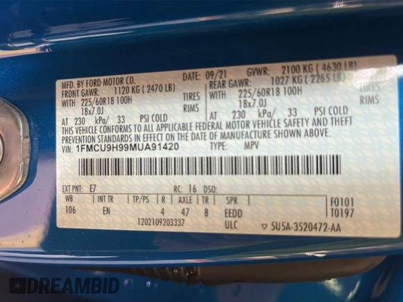 2021 Ford Escape SEL with VIN 1FMCU9H99MUA91420, listed as a IAAI auction lot 42569696 with 10,319 mi miles and . Bid and sale history available at DreamBid. Image 2.
