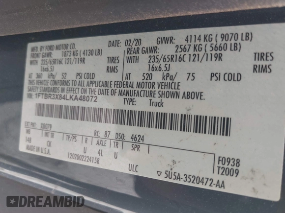 2020 Ford Transit Cargo with VIN 1FTBR3X84LKA48072, listed as a IAAI auction lot 41766524 with 41,984 mi miles. Bid and sale history available at carsss.com. Image 9.