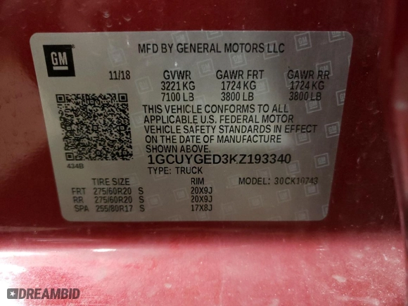 2019 Chevrolet Silverado 1500 LTZ with VIN 1GCUYGED3KZ193340, listed as a Copart auction lot 47320775 with 44,001 mi miles and Salvage Title. Bid and sale history available at carsss.com. Image 12.