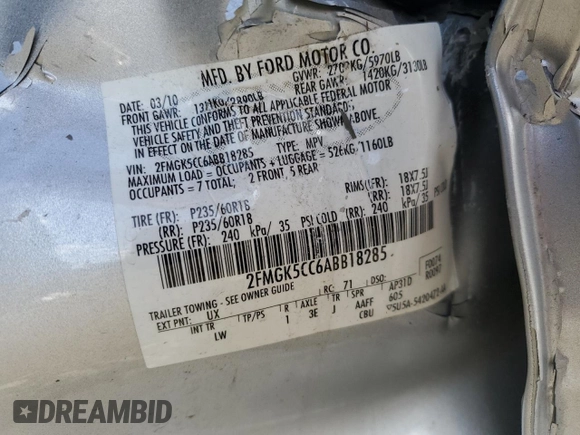 2010 Ford Flex SEL with VIN 2FMGK5CC6ABB18285, listed as a Copart auction lot 51531965 with 132,757 mi miles and Salvage Title. Bid and sale history available at carsss.com. Image 13.