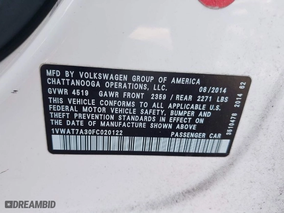 2015 Volkswagen Passat 1.8T S with VIN 1VWAT7A30FC020122, listed as a IAAI auction lot 41449481 with 129,650 mi miles. Bid and sale history available at carsss.com. Image 9.