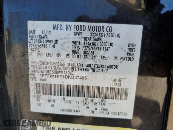 2013 Ford F-150 XL with VIN 1FTFW1ET1DKD37465, listed as a Copart auction lot 42549535 with 173,394 mi miles and Salvage Title. Bid and sale history available at carsss.com. Image 12.