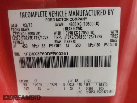 2013 Ford F-350 with VIN 1FD8X3F60DEB00261, listed as a Copart auction lot 57975365 with 221,878 mi miles and Salvage title. Bid and sale history available at DreamBid. Image 12.