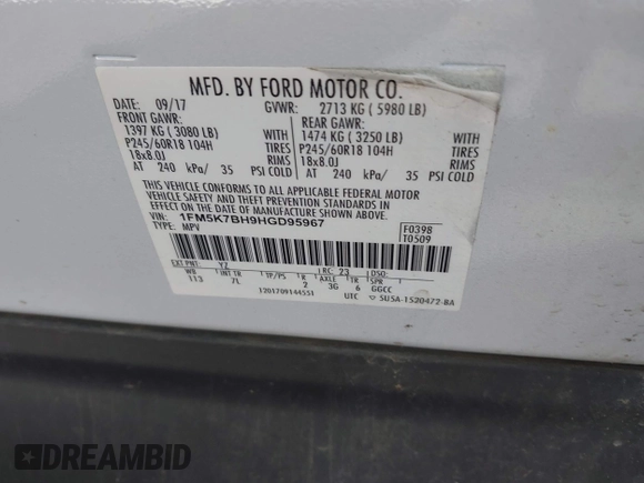 2017 Ford Explorer с VIN 1FM5K7BH9HGD95967, выставлен на аукционе IAAI как лот 42501229 с пробегом 172 540 миль миль и . История ставок и продаж доступна на DreamBid. Изображение 9.