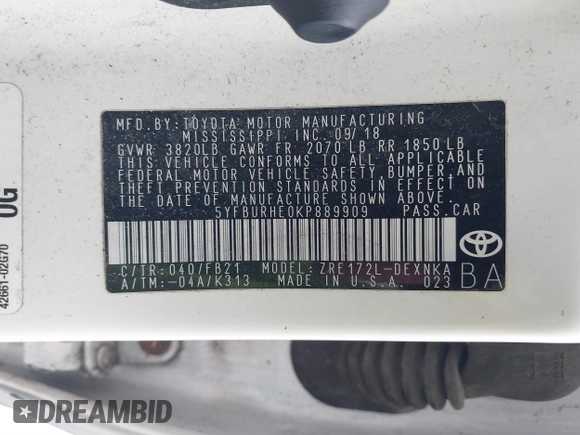 2019 Toyota Corolla L with VIN 5YFBURHE0KP889909, listed as a IAAI auction lot 41888953 with 130,529 mi miles. Bid and sale history available at carsss.com. Image 9.
