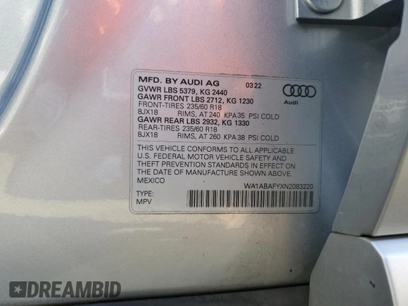 2022 Audi Q5 Premium with VIN WA1ABAFYXN2083220, listed as a Copart auction lot 80867064 with 46,924 mi miles and Salvage title. Bid and sale history available at DreamBid. Image 13.